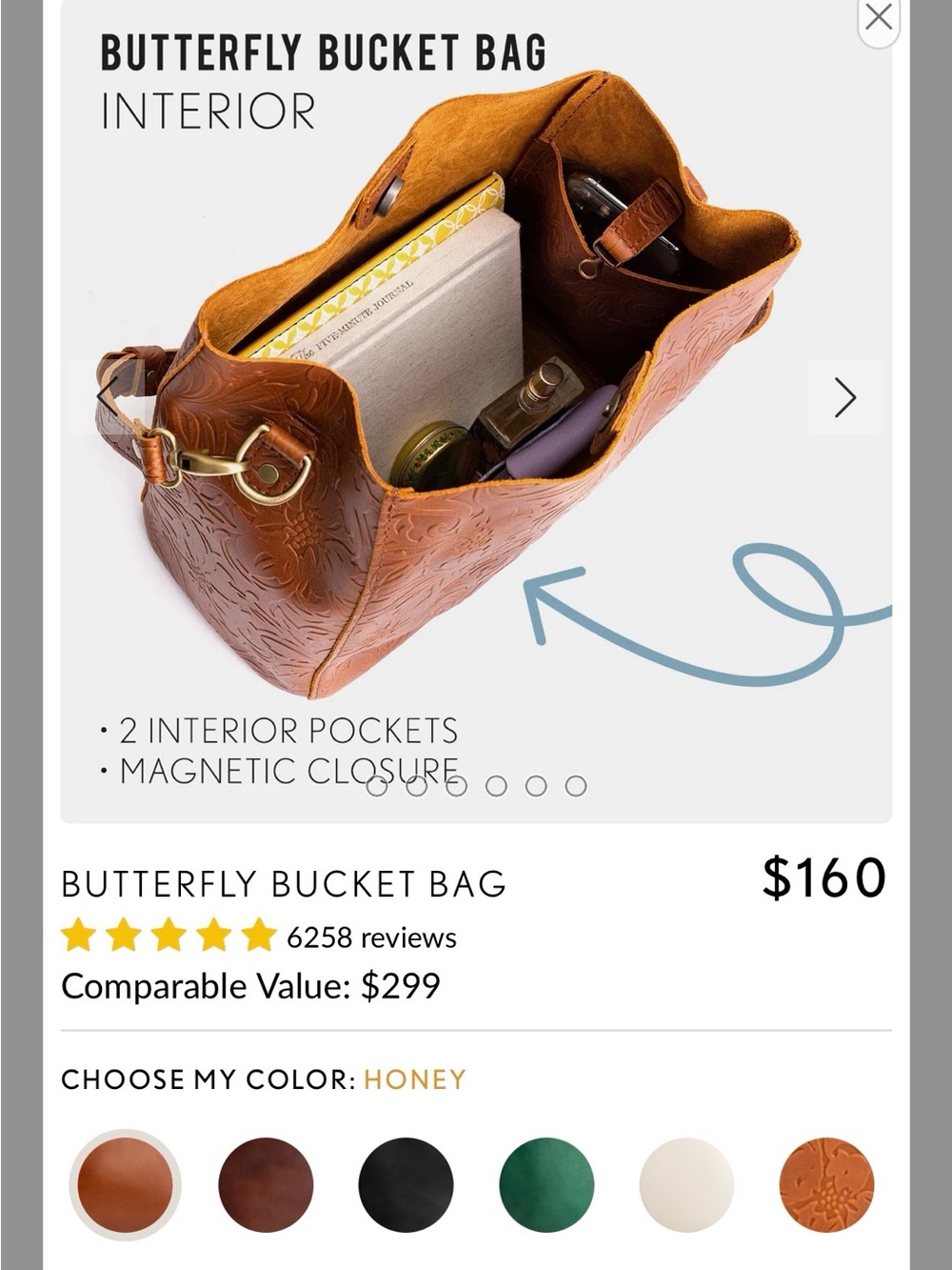 Portland Leather Honey Brown Butterfly Bucket Shoulder Bag - Picture 3 of 10